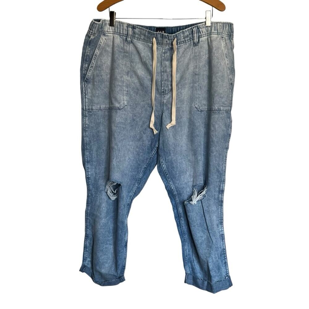 NWT Gap Relaxed Easy Joggers Denim Stone Wash Pull On Pants Distressed Size XXL